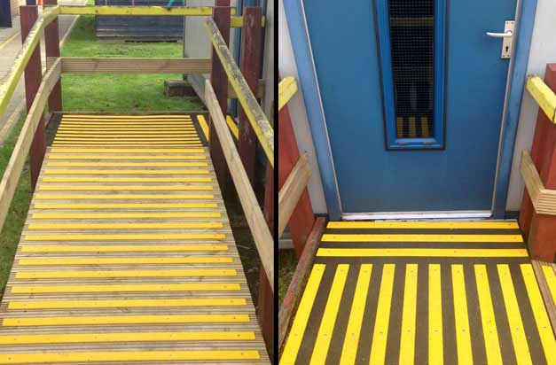 School walkways and ramps made safe with anti-slip decking strips. Anti slip decking strips ramps and walkways health and safety installation.
