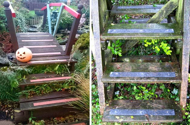Anti-slip decking strips on a garden footbridge and country stile. Anti slip decking strips on garden footbridge country stile.
