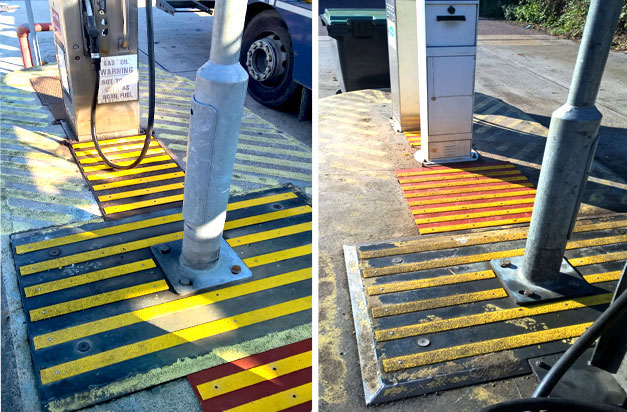 Petrol stations slippery areas benefit from high visibility, anti-slip strips. Petrol stations slippery areas benefit from high visibility, anti-slip strips.