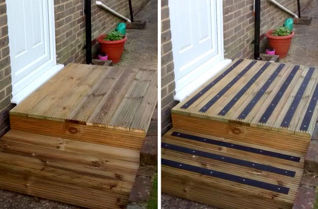 Before and after - anti-slip decking strips are quick and easy to install. Before and after - anti-slip decking strips are quick and easy to install.