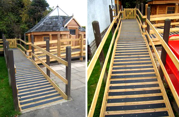 Anti-slip decking strips for ramps, public footpaths and wheelchair access platforms. Anti-slip decking strips for ramps, public footpaths and wheelchair access platforms.
