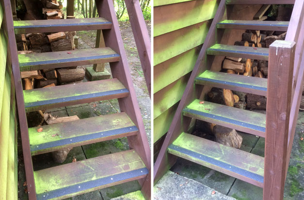 Non-slip decking strips on slippery timber stairways. Non-slip decking strips on slippery timber stairways.
