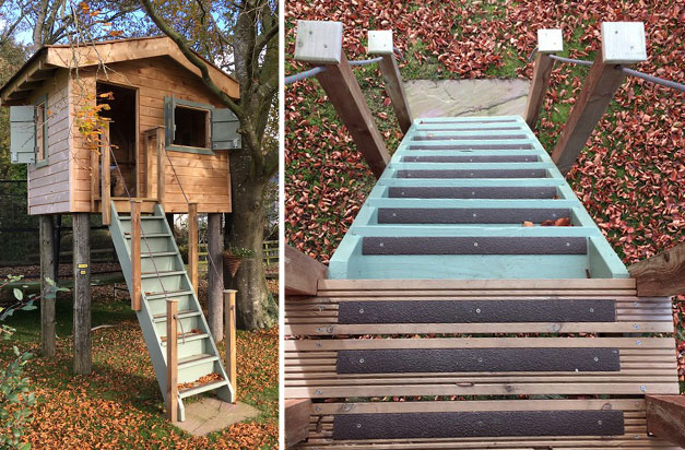 Non-slip decking strips on garden treehouse steps. Non-slip decking strips on garden treehouse steps.