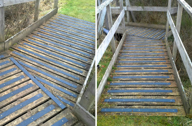 Woodland and countryside public walkways and ramps with decking strips. Woodland and countryside public walkways and ramps with decking strips.