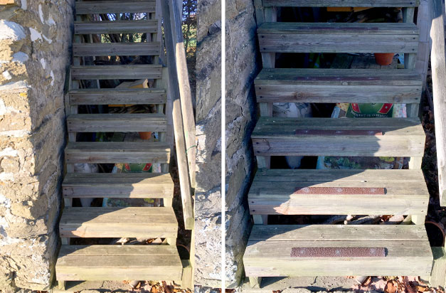 Non-slip decking strips on country house wooden staircase. Non-slip decking strips on country house wooden staircase.