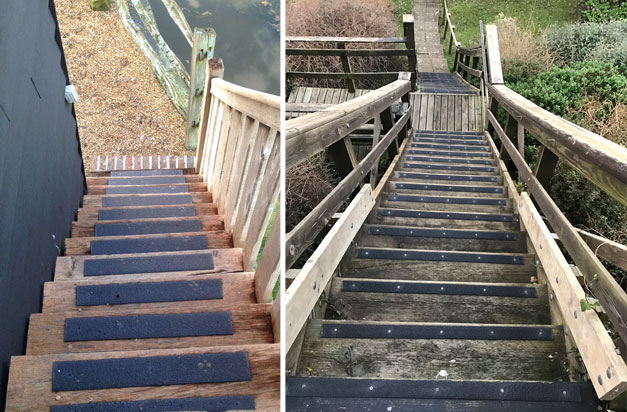 Non-slip decking strips make steep steps and stairways safe. Non-slip decking strips make steep steps and stairways safe.