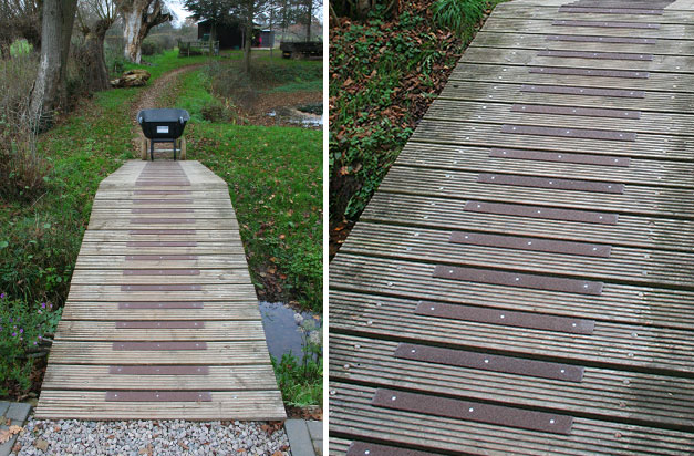 “Installed decking grips on a bridge over a brook. Really good grip - makes it much easier to push a wheel barrow over.” P Groves. “Installed decking grips on a bridge over a brook. Really good grip - makes it much easier to push a wheel barrow over.” P Groves.