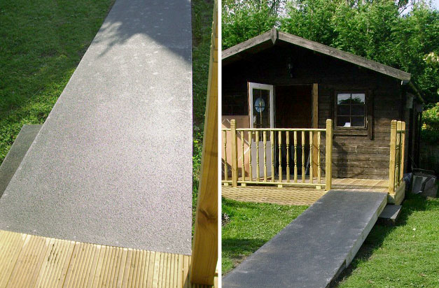 Non slip floor sheets garden summerhouse wheelchair access ramp installation. Non slip floor sheets garden summerhouse wheelchair access ramp installation.