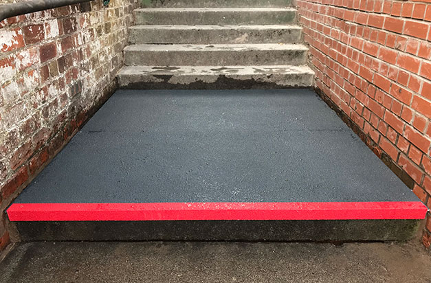 Floor sheets cut-to-size and installed to large step landing areas, with stair nosing edging. Floor sheets cut-to-size and installed to large step landing areas, with stair nosing edging.