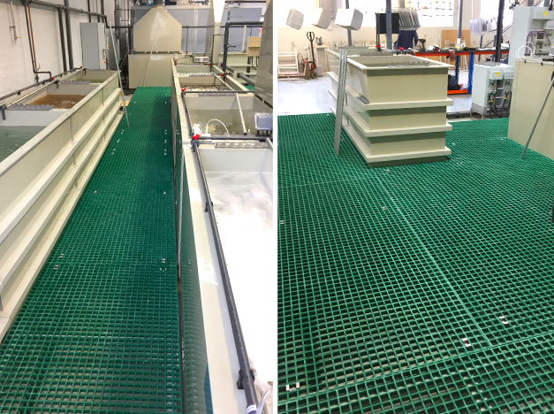 Open Mesh GRP Grating factory walkway installation. Open Mesh GRP Grating factory walkway installation.