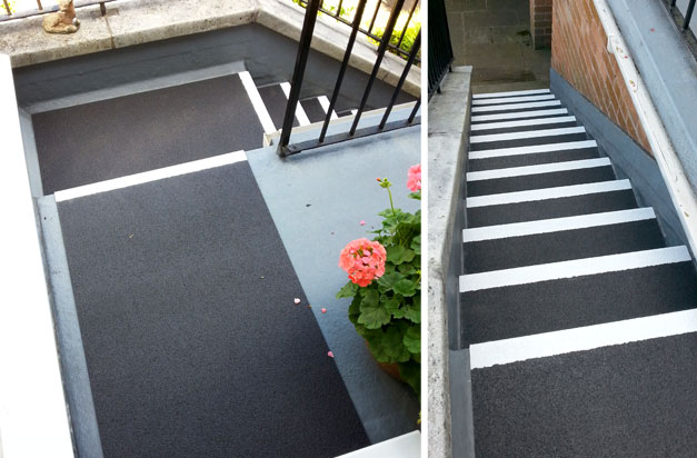 Stairs and entrance with anti-slip stair treads and extra wide treads for landing covers. Stairs and entrance with anti-slip stair treads and extra wide treads for landing covers.