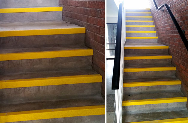 Yellow nosings create a highly visible step edge for an internal concrete stairwell installation. Yellow nosings create a highly visible step edge for an internal concrete stairwell installation.