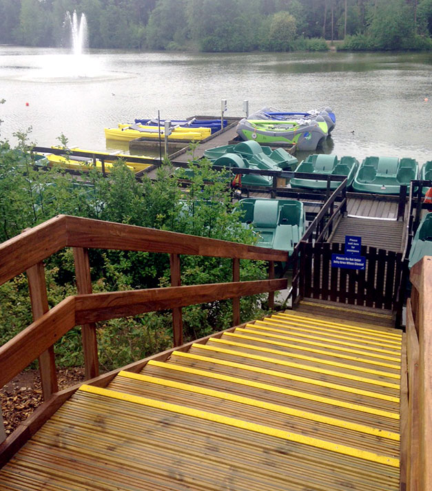Slippery wooden steps and platforms made safe with highly visible yellow anti-slip stair nosing. Slippery wooden steps and platforms made safe with highly visible yellow anti-slip stair nosing.