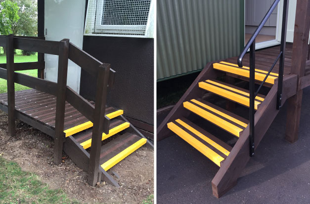 Anti-slip stair nosing on door entrance steps, and fire exit steps. Anti-slip stair nosing on door entrance steps, and fire exit steps.