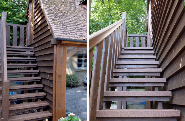 “Brown stair nosing installed on the staircase of our oak-framed garage block of our Cottage. The treads get dangerously slippery in the autumn and winter, so these were a discrete and effective solution.” PC. “Brown stair nosing installed on the staircase of our oak-framed garage block of our Cottage. The treads get dangerously slippery in the autumn and winter, so these were a discrete and effective solution.” PC.