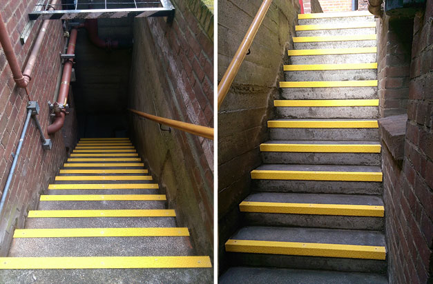 Light reflective stair nosings improve safety by highlighting step edges. Light reflective stair nosings improve safety by highlighting step edges.