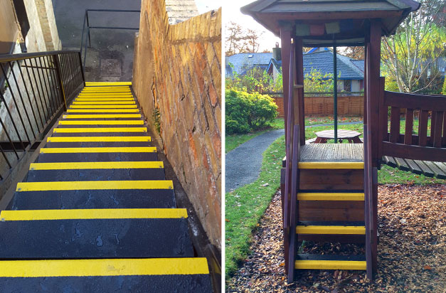Anti-slip stair tread covers on external concrete stairs and wooden playground steps. Anti-slip stair tread covers on external concrete stairs and wooden playground steps.