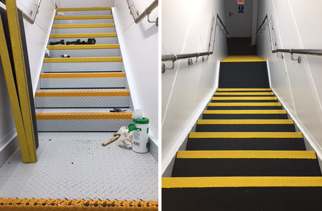 Before and after installation of non slip Stair Treads to an internal steel staircase. Before and after installation of non slip Stair Treads to an internal steel staircase.