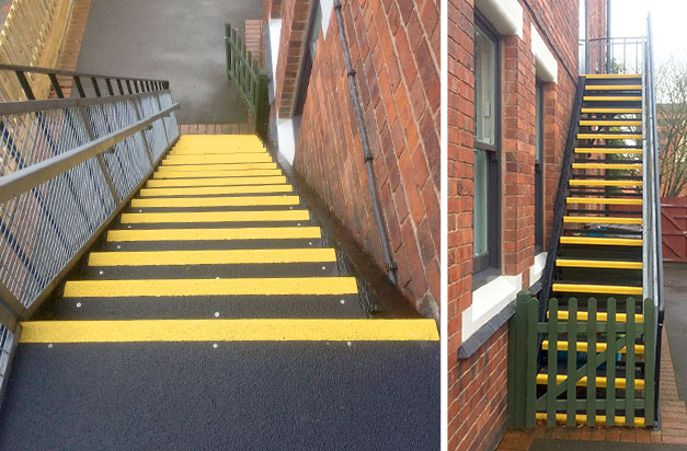 Completed refurbishment. Yellow and black stair treads were used for high visibility. Completed refurbishment. Yellow and black stair treads were used for high visibility.