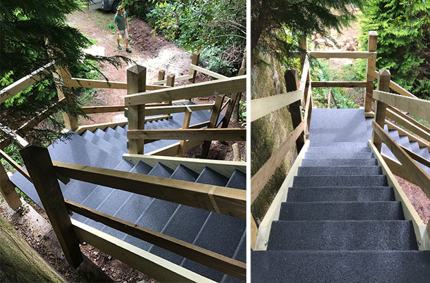 Black stair treads add an anti-slip safety surface to a new timber steps structure in Devon. Black stair treads add an anti-slip safety surface to a new timber steps structure in Devon.